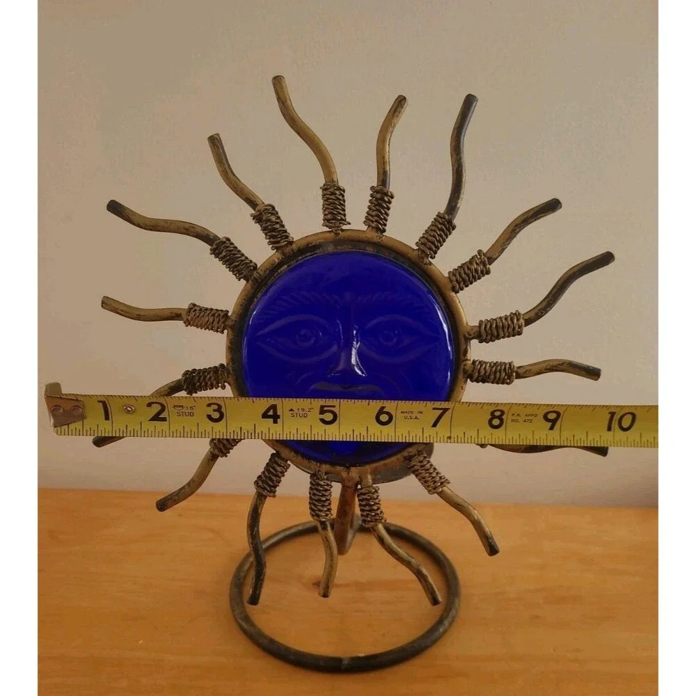 Cobalt Blue Glass Metal Celestial Candle Holder Brass Finish  11